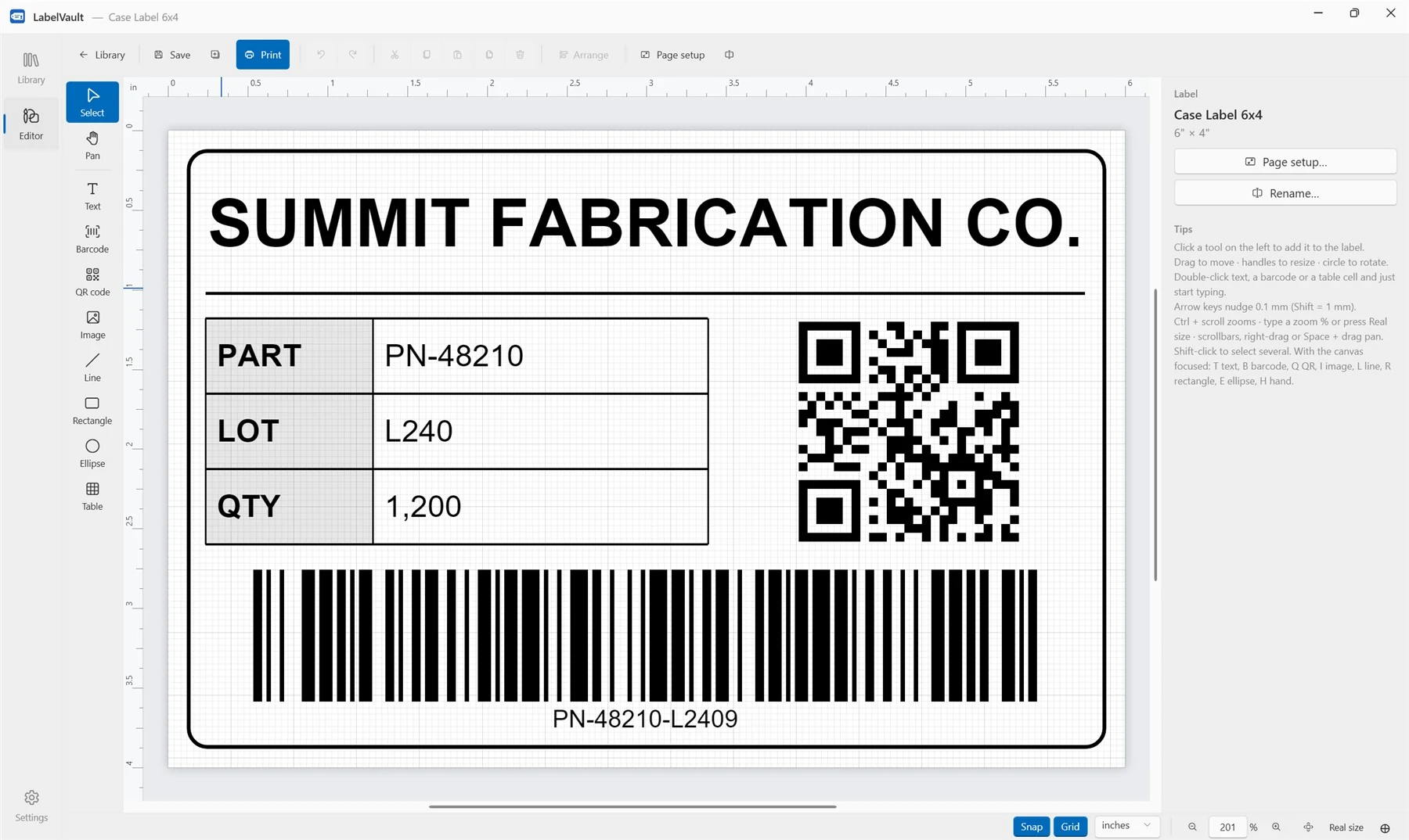 LabelVault editor — a 6×4 case label with a table, QR code, and Code 128 barcode