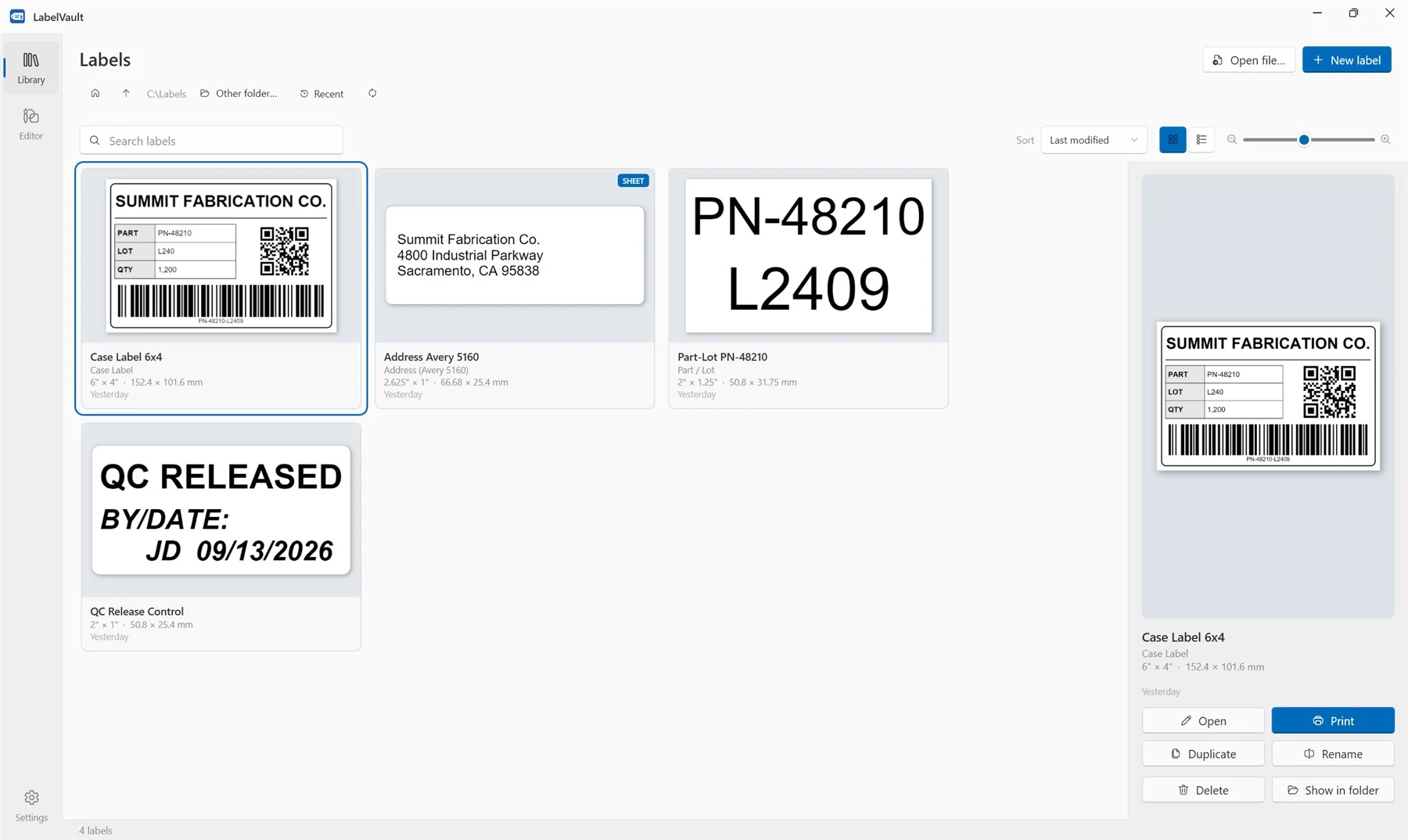 LabelVault library — thumbnail grid with size slider and preview pane