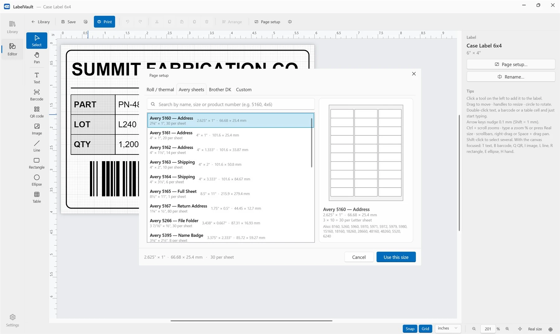 LabelVault page setup — Avery sheet catalog with layout preview