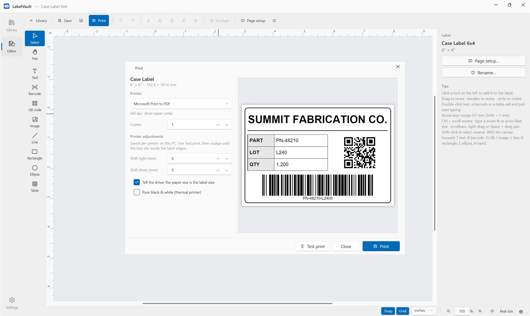 LabelVault print dialog — printer, copies, alignment adjustments and live preview
